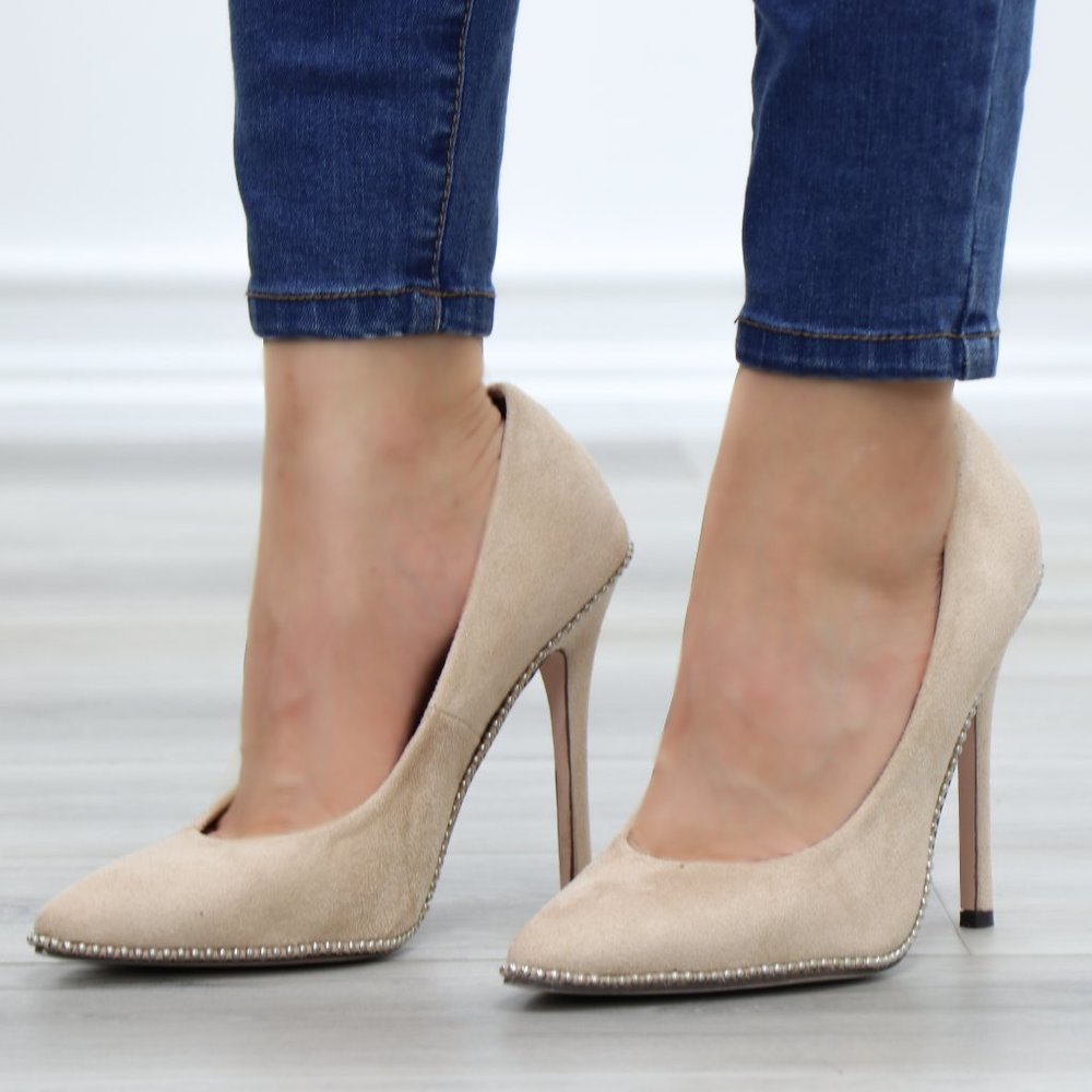Nude Suede High Heel Pumps With Studs - Picture 4 of 11